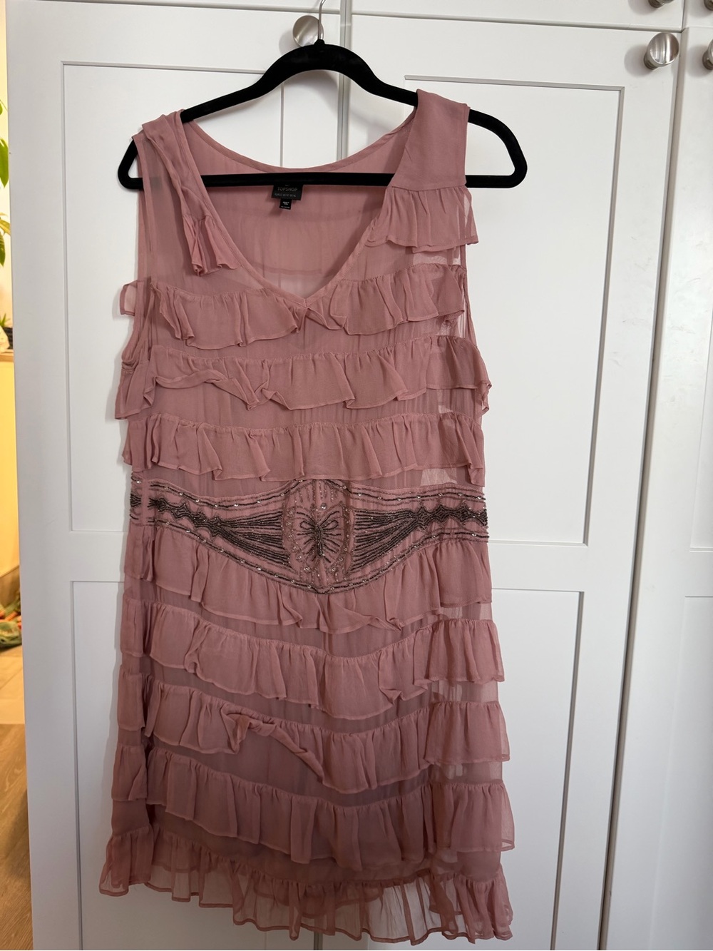 Topshop Blush Pink Tiered Ruffle Mini Dress with Beaded Waist